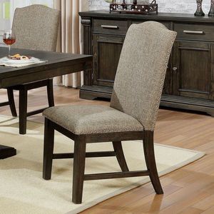 Set di 2 Sedie da Pranzo in Stile Transizionale con Telaio Color Espresso, Seduta Imbottita, Schienale con Finitura a Borchie in Tessuto Grigio Caldo - Product Image 1