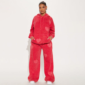 Survêtement à capuche en polaire rouge pour femme, couleur unie, décontracté, avec poches latérales, taille élastique, coupe ample, style hiver - Product Image 2