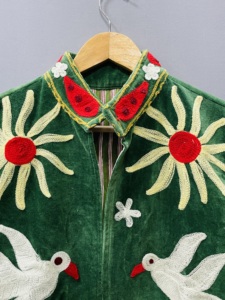 Green Suzani Velvet Embroidered Jacket With Floral And <b>Bird</b> Motifs Mandarin Collar Handmade Wool Winter Wear - Product Image 5