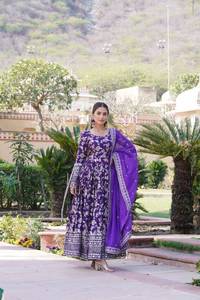 Foil Print Flared Kurta Set For Women Ethnic Gown Style Dress With Dupatta Festive Wear Collection - Product Image 4