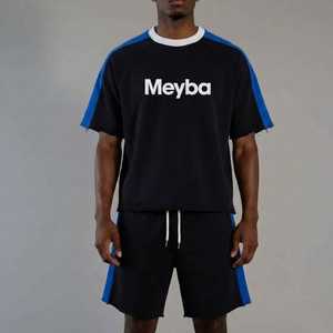 Conjunto de Camiseta y Pantalones Cortos Raglán para Hombre en Negro y Azul con Logotipo en Contraste, Estilo Urbano, Corte Holgado, Dos Piezas - Product Image 5