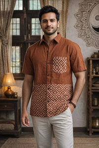 Men Handcrafted Rust Brown Cotton Short Sleeve <b>Shirt</b> with Geometric Ajrakh Block Print Border Summer Wear for Casual Elegance - Product Image 6