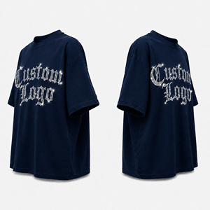 Camiseta Oversize Personalizada con Letras Góticas de Diamantes de Imitación para Hombre, Estilo Urbano, Manga Corta, Cuello Redondo, Gráfico, Azul Marino - Product Image 4