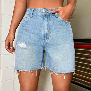 Shorts de mezclilla rectos de cintura media para mujer, de alta calidad y bajo precio, con bordado sólido, lavado a la piedra, de algodón, casuales, con dobladillo deshilachado para otoño. - Product Image 2