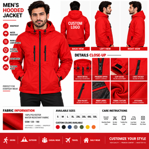 Men's <b>Red</b> <b>Hooded</b> Waterproof Knitted Winter <b>Jacket</b> Full Sleeve Solid Color Zipper Closure Casual Style Regular Fit Midweight - Product Image 5