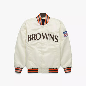 Chaqueta Varsity Personalizada de Satén Crema para Hombre, Chaqueta Bomber con Ribete Marrón y Naranja, Uniforme de Béisbol Letterman al por Mayor, Ropa Deportiva - Product Image 2
