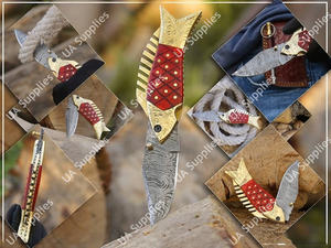 มีดพับเหล็กดามัสกัสทำมือ ปลายหยดน้ำ สำหรับตกปลา พกพาสะดวก ใช้เอาตัวรอดกลางแจ้ง EDC รองรับ OEM/ODM ด้ามทองเหลืองสลักลายด้วยมือ DIY - Product Image 3