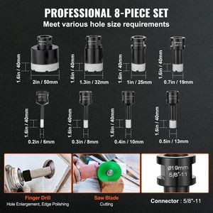 Set di punte per trapano per muratura e cemento, 8 pezzi, kit seghe a tazza diamantate 6/8/10/13/19/25/32/50mm, punte per fresatura a dita, lama per sega, custodia C - Product Image 3