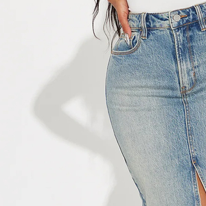 Factory Rate High Rise Midi Skirt for Women Button Zip Fly Closure Breathable Denim Long High Waist Casual Style Split Natural - Product Image 3