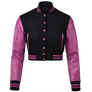<b>Women's</b> <b>Black</b> Pink <b>Wool</b> Windproof Crew Neck Cropped Full Sleeve Varsity <b>Jacket</b> with Silk Lining for Autumn Winter - Product Image 6