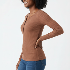Women's Ribbed Long Sleeve Henley Top Snap <b>Button</b> Slim Fit Soft Fabric Custom Woven Label OEM Wholesale Factory - Product Image 3