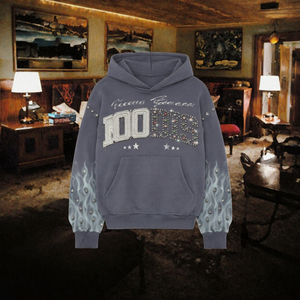 Sudadera con Capucha Unisex con Pedrería, Gris Carbón, Estampado de Llamas y Letras, Estilo Urbano, con Bolsillo - Product Image 6