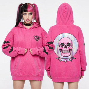 Sweat à capuche graphique squelette gothique pour femme, coupe oversize, noir, style grunge, streetwear, mode sombre, en polaire - Product Image 4
