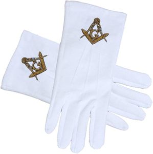 Masonic Regalia - Standard Gold Style Compass Face Cotton Gloves - <b>White</b> (One Size Fits Most). Masonic Gloves - Product Image 1