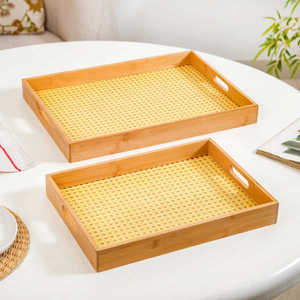 Bandeja rectangular de bambú, bandeja decorativa, juego de bandejas con incrustaciones de ratán, bandeja para servir comida, para mesa de café, organizador para el hogar - Product Image 4