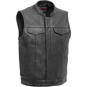 Custom Men Black Genuine Cowhide <b>Leather</b> Motorcycle Club Vest Stand Collar <b>Biker</b> <b>Leather</b> <b>Waistcoat</b> with Concealed Front Closure - Product Image 1
