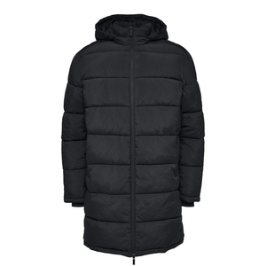 Veste longue matelassée noire pour homme, à capuche, coupe-vent, décontractée, hiver, fermeture éclair, rembourrage en polyester, manches régulières, couleur unie - Product Image 1