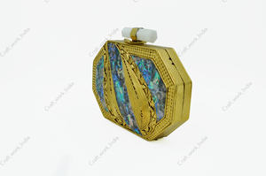 Indian Handcrafted Mother of <b>Pearl</b> Stone Brass <b>Clutch</b> with Sculpted Geometric Panels Luxury Evening Bridal Statement <b>Bag</b> - Product Image 3