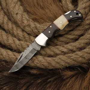 Premium Quality Direct Factory Made damascus Steel Folding Pocket Knife WITH BONE& WOOD HANDLE KNIFE AND <b>LEATHER</b> SHEATH - Product Image 2