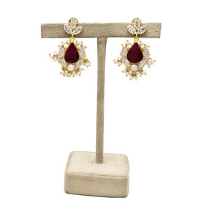 Magnifiques boucles d'oreilles pendantes pour femme, plaquées or 24 carats, en laiton, avec zircone cubique rubis, perle naturelle, style chrétien vintage, pour mariage - Product Image 3