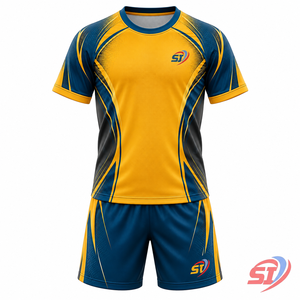 Ensemble complet de football pour jeunes : Maillot et short personnalisés Solar Contour, uniforme d'équipe haute performance, séchage rapide, impression par sublimation, col en V, élastique - Product Image 1