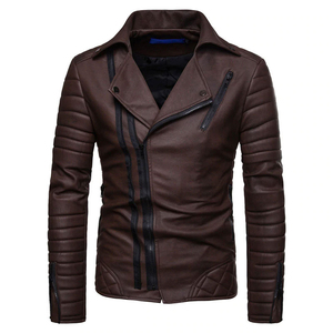 Blouson moto en cuir véritable pour homme, col montant, fermeture éclair, coupe ajustée, longueur standard, couleur unie, pour l'automne, imperméable - Product Image 6