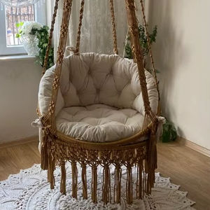 Balançoire de patio en macramé doré, balançoire d'extérieur, chaise hamac, balançoire dorée, balançoire faite à la main, coussin beige - Product Image 1