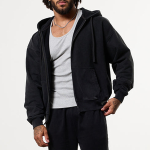 Men's Oversized Black Fleece Zip-Up <b>Hoodie</b> Regular Fit Casual Autumn Wear Solid Color Knitted Cotton Sweatshirt - Product Image 3