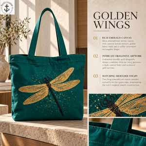 Bolsa de Lona Verde Esmeralda con Estampado de Libélula Dorada |   Bolso de hombro para uso diario con asas largas y diseño inspirado en la naturaleza - Product Image 5