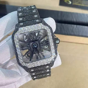 Montre automatique BOJ CATie.R011 noire squelette avec diamants VVS, verre luxueux, acier inoxydable, entièrement sertie de moissanite, mouvement automatique, 41 mm - Product Image 1