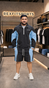 REXFIT SPORTS 2026 Ensemble de survêtement en nylon froissé noir et bleu, veste à demi-zip et short, streetwear et vêtements de sport personnalisés - Product Image 6