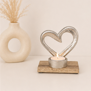 Luxury Polished Aluminum Double Heart <b>Tea</b> Light Candle Holder With Rustic Mango Wood Base For Tabletop Home Decoration Wholesale - Product Image 2