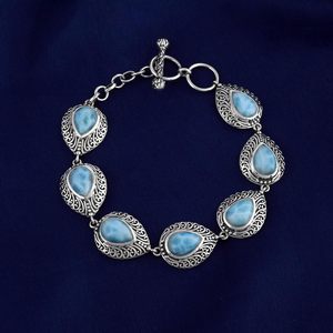 Ensemble de 4 bijoux en pierre de larimar en forme de larme : bague, pendentif, boucles d'oreilles, bracelet, bijoux en pierres précieuses naturelles en argent sterling 925 - Product Image 2