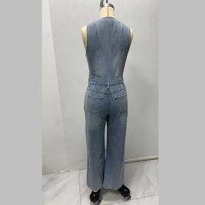 Mono de mujer sin mangas de Spandex/Poliéster con cuello en V, botones, cintura alta, pierna ancha, lavado, casual, corto, transpirable, para verano - Product Image 2