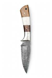 Cuchillo de Camping Personalizado Hecho a Mano de Acero de Damasco con Mango de Madera y Hueso y Refuerzo de Acero, Hoja Fija - Product Image 1