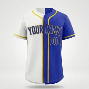 Maillot de baseball personnalisé OEM pour équipe, entièrement boutonné, bleu et blanc, sublimé avec nom et numéro, unisexe adulte, manches courtes - Product Image 2