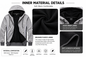 Sweat-shirt gris uni à capuche et fermeture éclair intégrale anti-boulochage pour homme SINEWY SPORTS, coupe classique, en polyester tricoté, vêtements de sport actifs pour l'hiver - Product Image 5