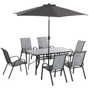 Set da Pranzo per Esterni in 8 Pezzi con Ombrellone Regolabile, Tessuto ad Asciugatura Rapida, 6 Sedie in Grigio - per Ospedali - Product Image 1