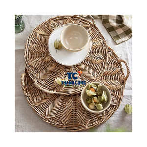 Meilleure vente plateau rond en rotin avec poignée même motifs PC matériel pour la maison servant théière tenant pour salon vaisselle - Product Image 2