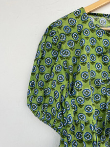Blusa de Algodón Puro con Estampado Floral Verde para Mujer, Mangas Cortas, Cierre con Lazo al Frente, Estilo Bohemio, Top Informal de Primavera/Verano para Vacaciones - Product Image 3