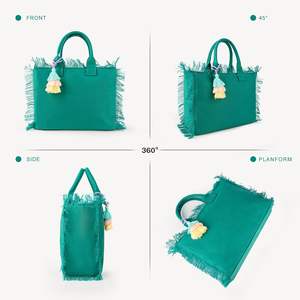 Women's Canvas Tote <b>Bag</b> With <b>Tassels</b> Fringe Top Handle Zipper Closure For Work Travel Beach Gym - Product Image 4