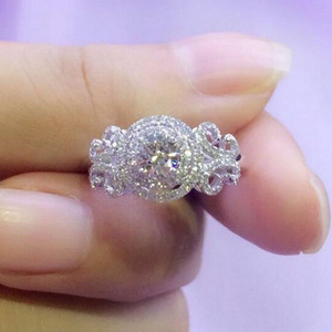 Luxury Round Cut Moissanite <b>Ring</b> 925 Silver Halo Engagement <b>Ring</b> Iced Out <b>Statement</b> <b>Ring</b> Floral Side Design - Product Image 5