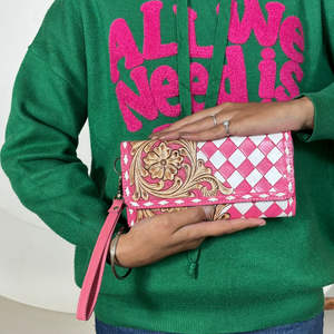 Portefeuille long en cuir à carreaux floral artisanal 2026, rose mignon, avec protection RFID, organiseur de cartes et de monnaie, pochette pour femme - Product Image 4