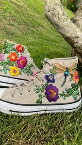 Baskets montantes en cuir blanc avec broderie florale, semelle en caoutchouc, pour femme, chaussures de marche athlétiques, mode outdoor, plateforme - Product Image 3