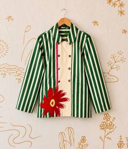 Chaqueta de algodón a rayas, chaqueta cruzada, blazer verde a rayas, chaqueta con motivos florales, abrigo a rayas para mujer, blazer de algodón Jaipur - Product Image 2