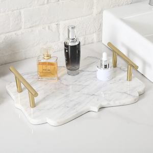 <b>Marble</b> Modern Shaped Serving <b>Tray</b> with Scalloped Edge Vintage Brass Tone Handles Elegant Decorative Vanity <b>Tray</b> for Coffee - Product Image 4