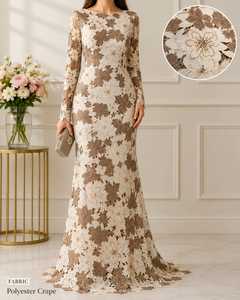Robe de soirée empire en dentelle florale pour femme, élégante, col rond, manches classiques, broderie premium, longueur ras du sol, en crêpe, pour mariage - Product Image 5