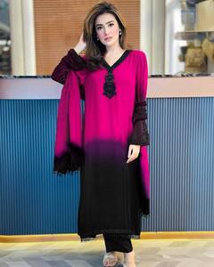 Robe Anarkali brodée dégradée rose et noir pour femme, style traditionnel indien et pakistanais, longueur ras du sol, en coton, coupe ample - Product Image 3