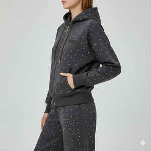 Conjunto de Sudadera con Capucha y Pantalones Deportivos Personalizados de Talla Grande, Ecológicos, con Pedrería, Cierre Completo, Bordado Desgastado, Estilo Urbano, Ranzia Industry - Product Image 2