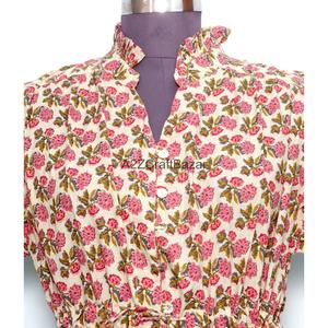 Vente en gros de robes mini à manches 3/4, col en V, 100% coton, imprimé personnalisé, style bohème, pour femmes de bureau, tendance de l'été - Product Image 4